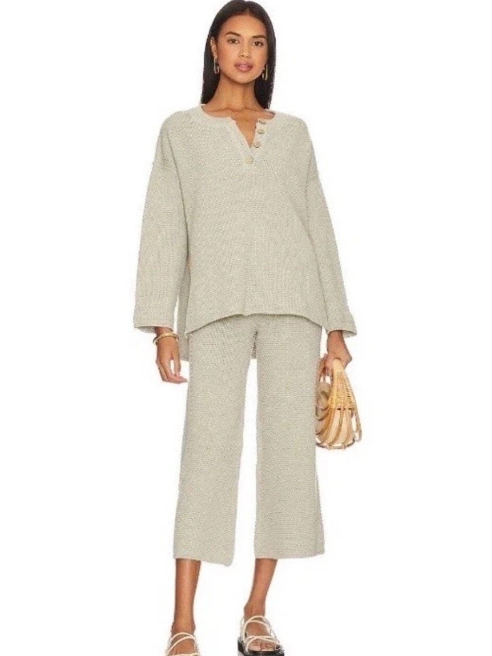 Free People FP Beach Hailee Knit Lounge Set Henley Top Wide Leg Pants Gray sz L